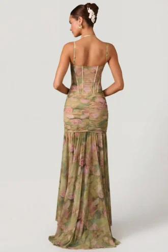 Vestido corsé asimétrico con fruncidos Haruna en estampado floral multicolor