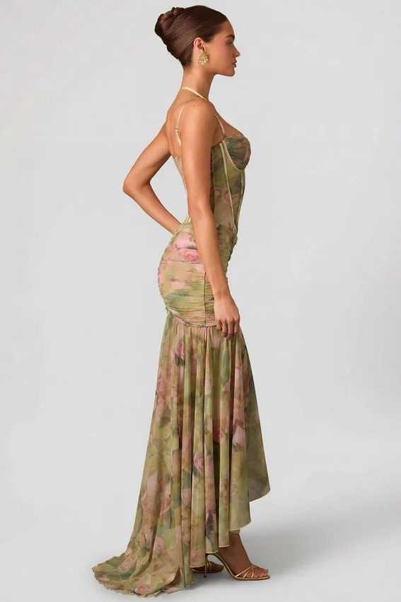 Vestido corsé asimétrico con fruncidos Haruna en estampado floral multicolor Vestido corsé asimétrico con fruncidos Haruna en estampado floral multicolor