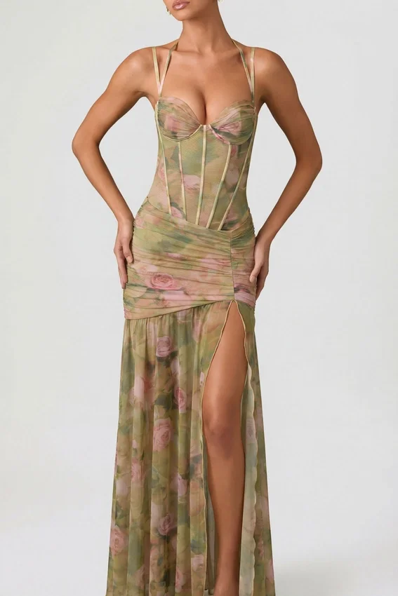 Vestido corsé asimétrico con fruncidos Haruna en estampado floral multicolor Vestido corsé asimétrico con fruncidos Haruna en estampado floral multicolor