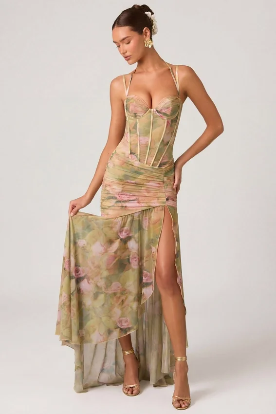 Vestido corsé asimétrico con fruncidos Haruna en estampado floral multicolor Vestido corsé asimétrico con fruncidos Haruna en estampado floral multicolor