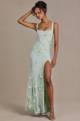 Vestido corsé con adornos Aurelia en verde salvia