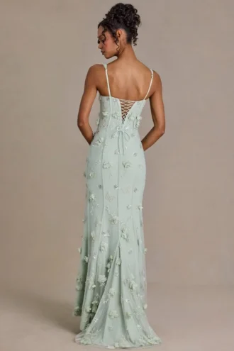 Vestido corsé con adornos Aurelia en verde salvia