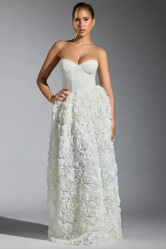 Vestido corsé con apliques florales y adornos Camellia en blanco