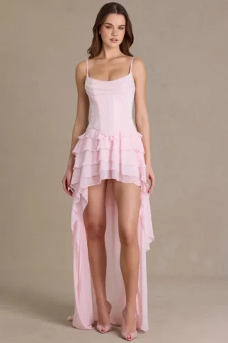 Vestido corsé con cuello vuelto y adornos Arlette Premium en rosa bebé