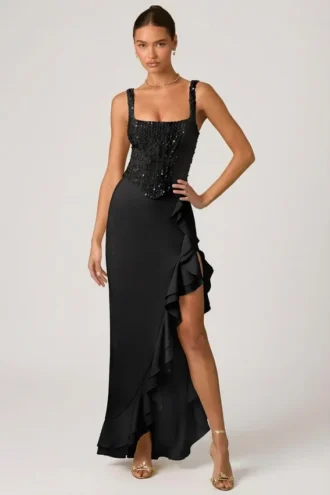 Vestido corsé con volantes y adornos Robina en negro