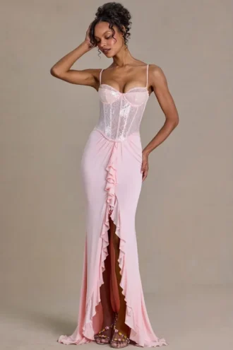 Vestido corsé de encaje adornado Beatrix Premium en rosa bebé