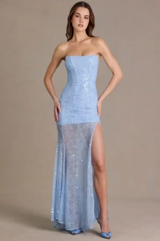 Vestido corsé de encaje adornado Liliane Premium en azul cielo