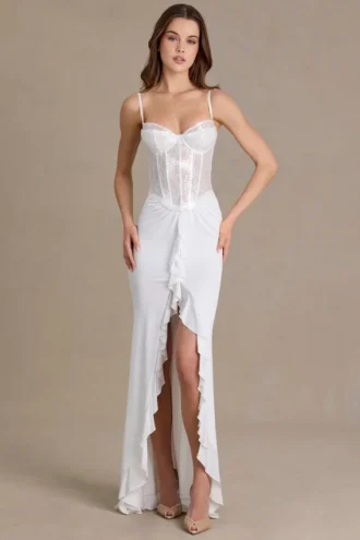 Vestido corsé de encaje con adornos Beatrix Premium en blanco