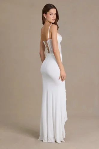 Vestido corsé de encaje con adornos Beatrix Premium en blanco