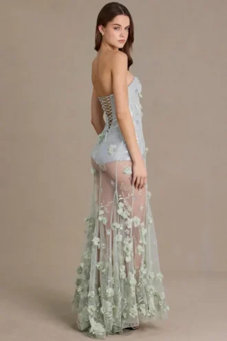 Vestido corsé de tul con adornos Estella en verde salvia