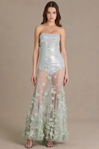 Vestido corsé de tul con adornos Estella en verde salvia
