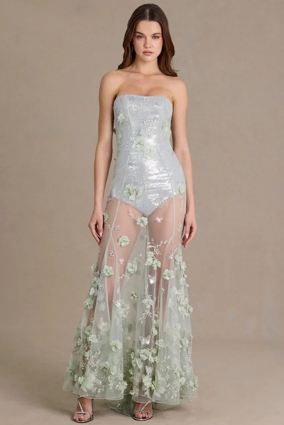 Vestido corsé de tul con adornos Estella en verde salvia Vestido corsé de tul con adornos Estella en verde salvia