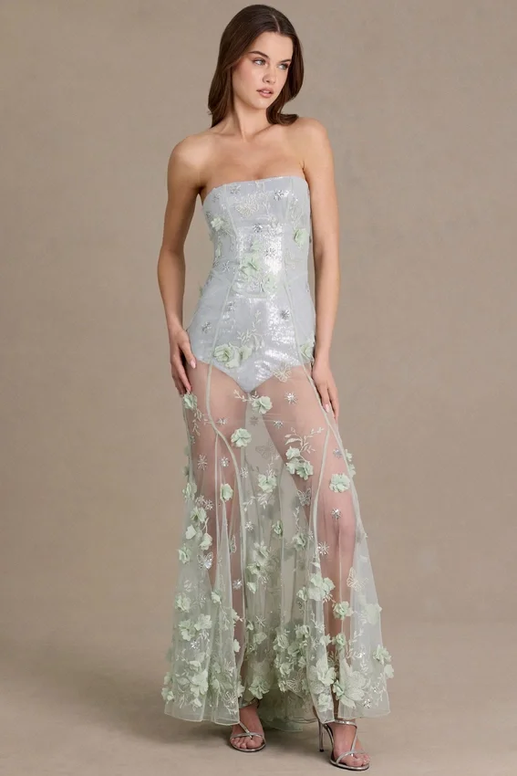 Vestido corsé de tul con adornos Estella en verde salvia Vestido corsé de tul con adornos Estella en verde salvia