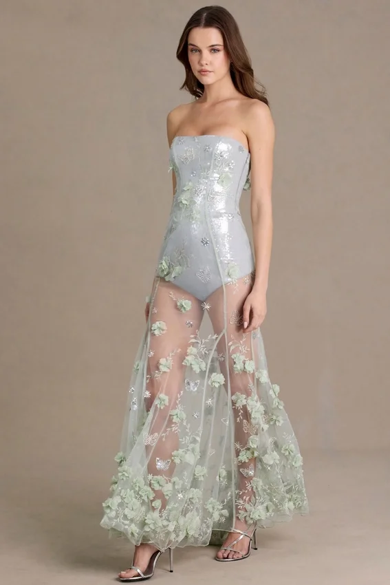 Vestido corsé de tul con adornos Estella en verde salvia Vestido corsé de tul con adornos Estella en verde salvia