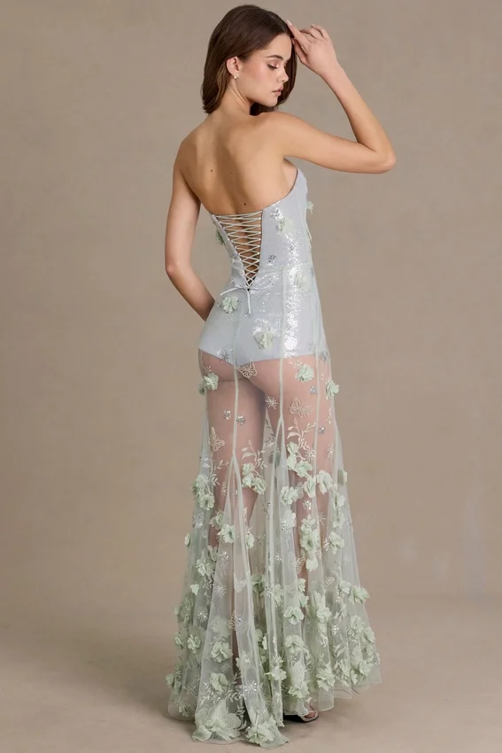 Vestido corsé de tul con adornos Estella en verde salvia Vestido corsé de tul con adornos Estella en verde salvia