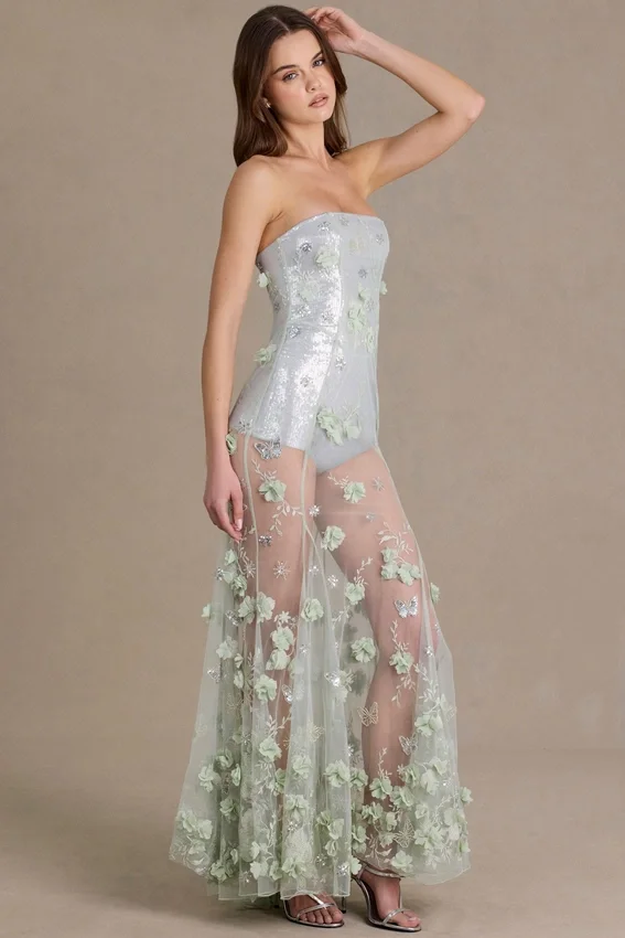 Vestido corsé de tul con adornos Estella en verde salvia Vestido corsé de tul con adornos Estella en verde salvia