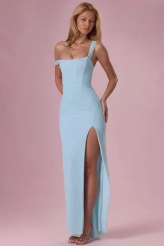 Vestido corsé drapeado de malla Naelle en aguamarina claro