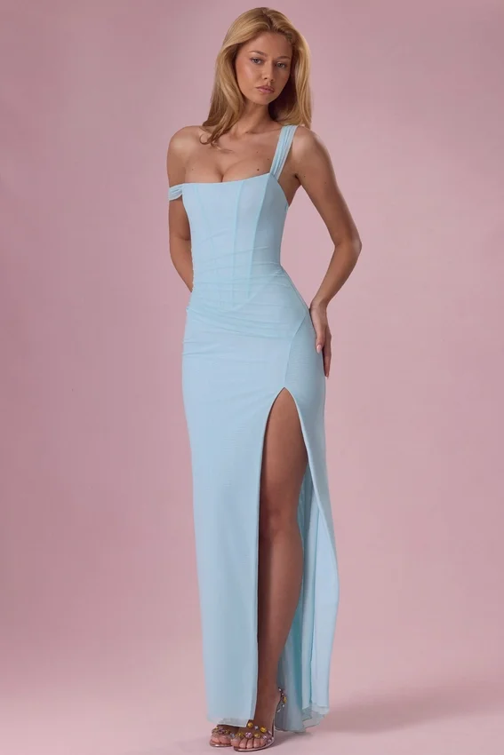 Vestido corsé drapeado de malla Naelle en aguamarina claro Vestido corsé drapeado de malla Naelle en aguamarina claro
