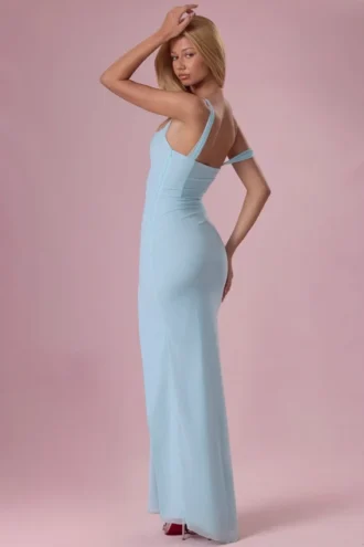 Vestido corsé drapeado de malla Naelle en aguamarina claro