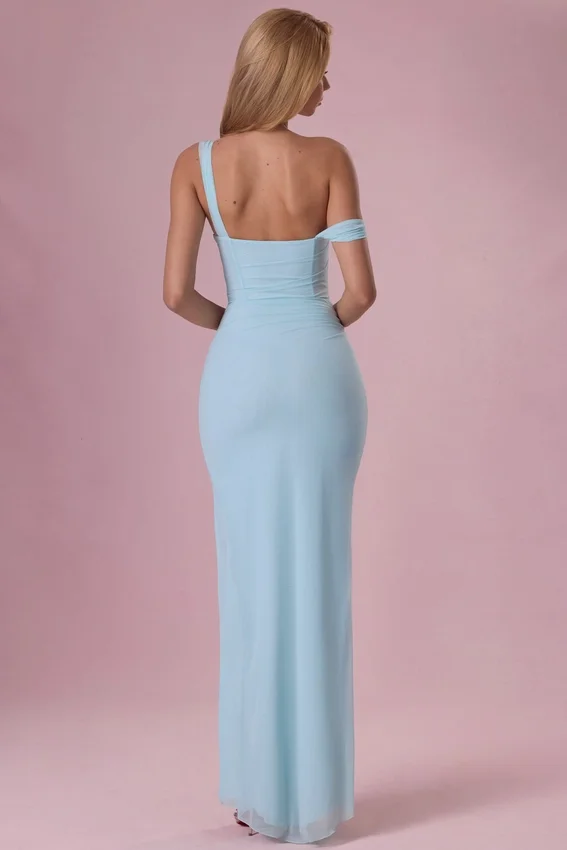 Vestido corsé drapeado de malla Naelle en aguamarina claro Vestido corsé drapeado de malla Naelle en aguamarina claro
