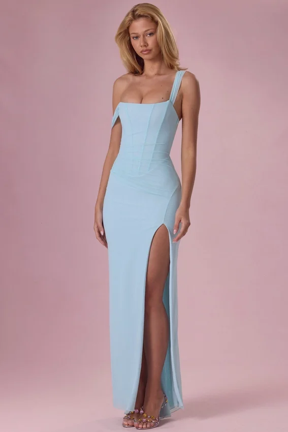 Vestido corsé drapeado de malla Naelle en aguamarina claro Vestido corsé drapeado de malla Naelle en aguamarina claro