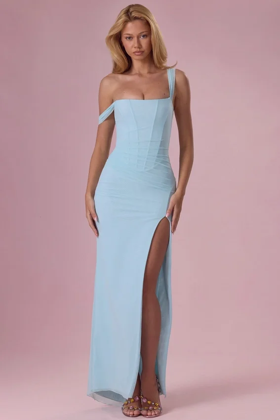 Vestido corsé drapeado de malla Naelle en aguamarina claro Vestido corsé drapeado de malla Naelle en aguamarina claro