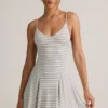 Vestido corto A-line con lazo en la espalda y canalé de modal de Mansi en rayas azules y amarillas