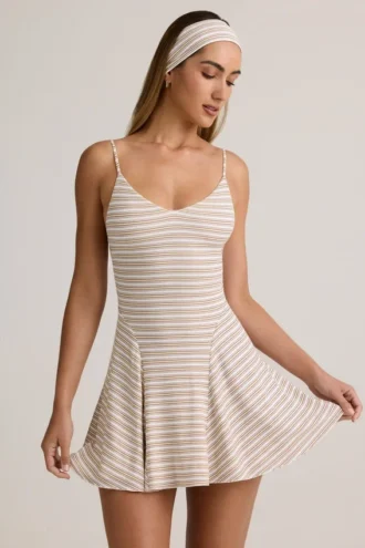 Vestido corto A-line con lazo en la espalda y canalé de modal Mansi en rayas rosa y amarillo