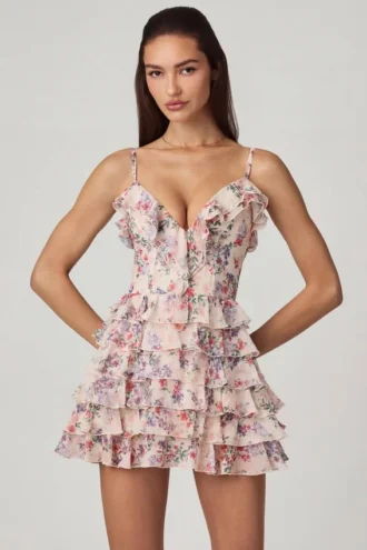 Vestido corto A-line con volantes y cordones Lolina en estampado floral Primrose