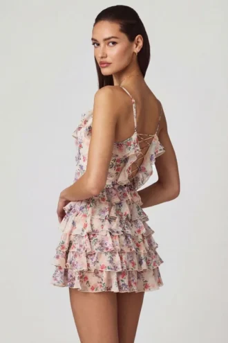 Vestido corto A-line con volantes y cordones Lolina en estampado floral Primrose