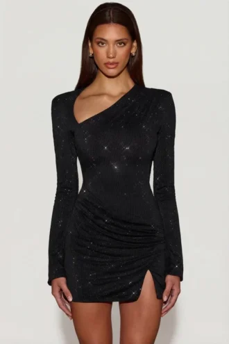 Vestido corto ajustado asimétrico con adornos Nevina en negro