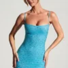 Vestido corto ajustado con adornos Aellin en azul aguamarina