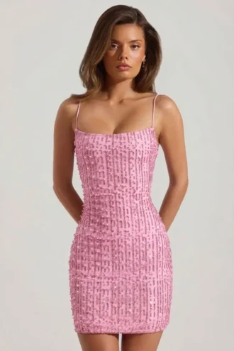 Vestido corto ajustado con cuello redondo y adornos Lunetta en rosa