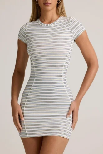 Vestido corto ajustado de manga corta Jazlyn de modal con rayas azules y amarillas