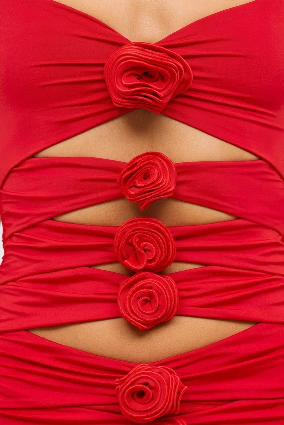 Vestido corto Aniela de jersey elástico con detalles de rosas en rojo escarlata Vestido corto Aniela de jersey elástico con detalles de rosas en rojo escarlata