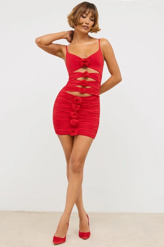 Vestido corto Aniela de jersey elástico con detalles de rosas en rojo escarlata Vestido corto Aniela de jersey elástico con detalles de rosas en rojo escarlata