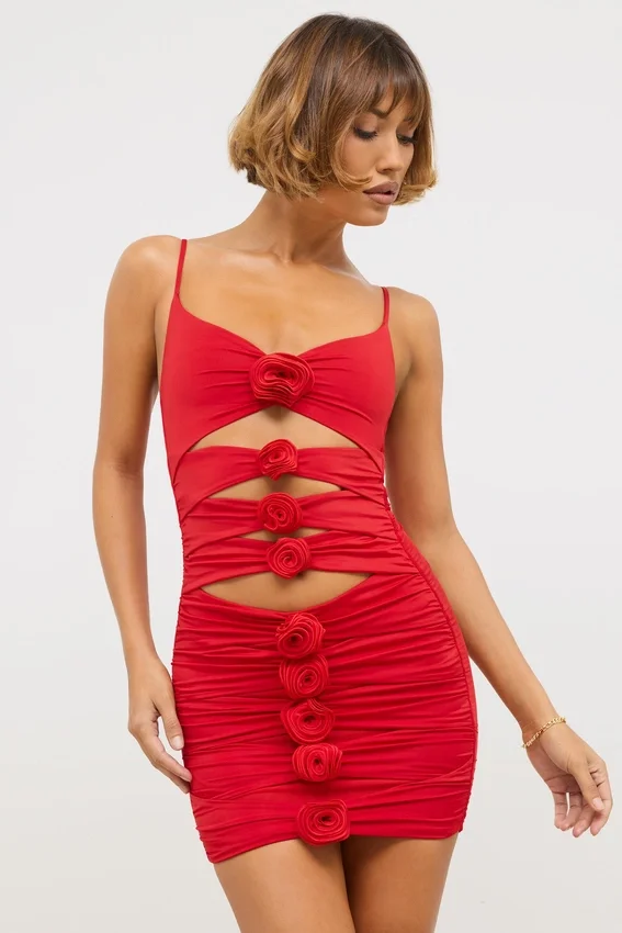 Vestido corto Aniela de jersey elástico con detalles de rosas en rojo escarlata Vestido corto Aniela de jersey elástico con detalles de rosas en rojo escarlata