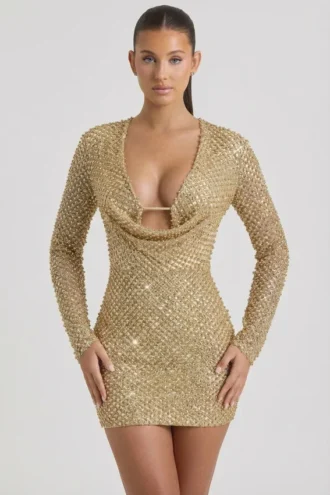Vestido corto Arlowe con cuello vuelto y adornos en dorado