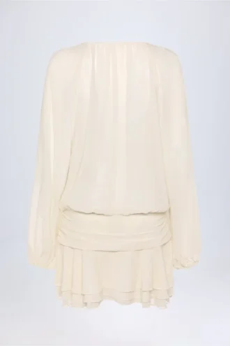 Vestido corto Avalon con mangas abullonadas y cordones en color marfil