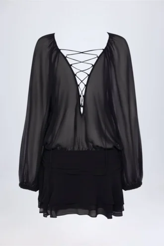 Vestido corto Avalon con mangas abullonadas y cordones en negro