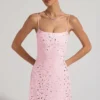Vestido corto Averie transparente con adornos y cuello cuadrado en rosa