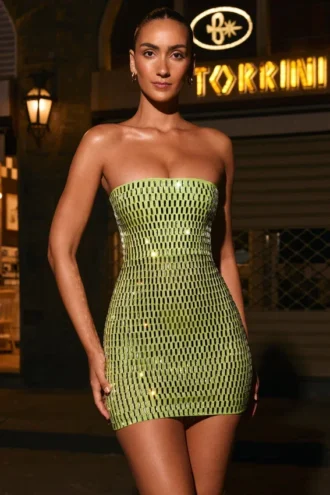 Vestido corto bandeau con adornos Aurora en verde pera