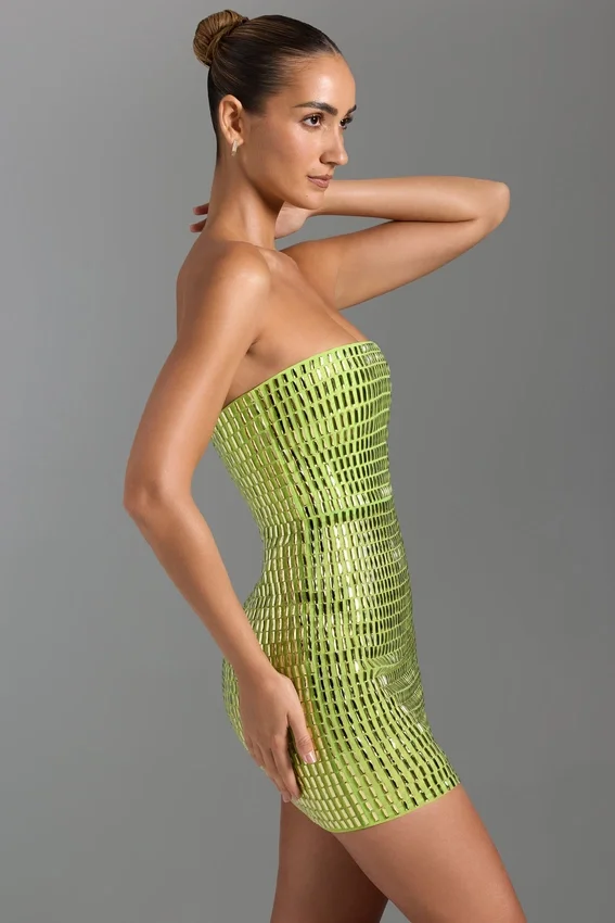 Vestido corto bandeau con adornos Aurora en verde pera Vestido corto bandeau con adornos Aurora en verde pera