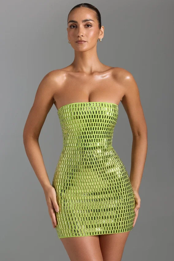 Vestido corto bandeau con adornos Aurora en verde pera Vestido corto bandeau con adornos Aurora en verde pera