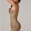 Vestido corto bandeau con adornos y cintura fruncida de Zara en dorado