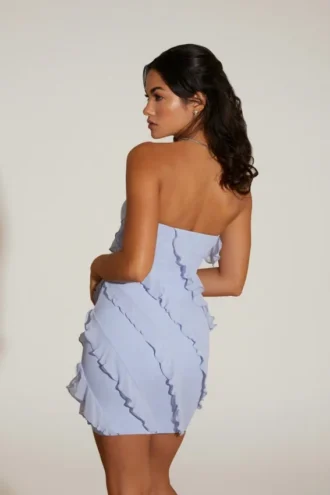 Vestido corto bandeau con volantes Tatiana en azul