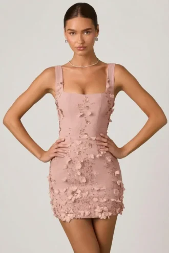 Vestido corto Briar con apliques decorativos y corte corsé en rosa empolvado