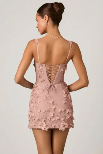 Vestido corto Briar con apliques decorativos y corte corsé en rosa empolvado