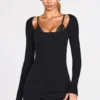 Vestido corto Caris de manga larga con encaje y modal acanalado en negro