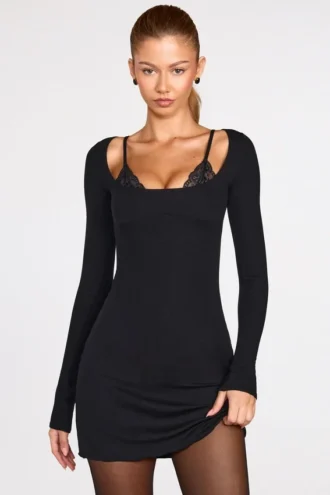 Vestido corto Caris de manga larga con encaje y modal acanalado en negro